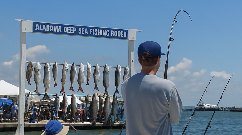 Anglers casting lines from boats during the Alabama Deep Sea Fishing Rodeo on Dauphin Island